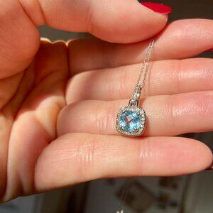 18" 10K White Gold Necklace with Swiss Blue Topaz OR Aquamarine Center Stone